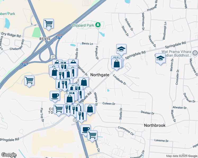 map of restaurants, bars, coffee shops, grocery stores, and more near 3464 Springdale Road in Cincinnati