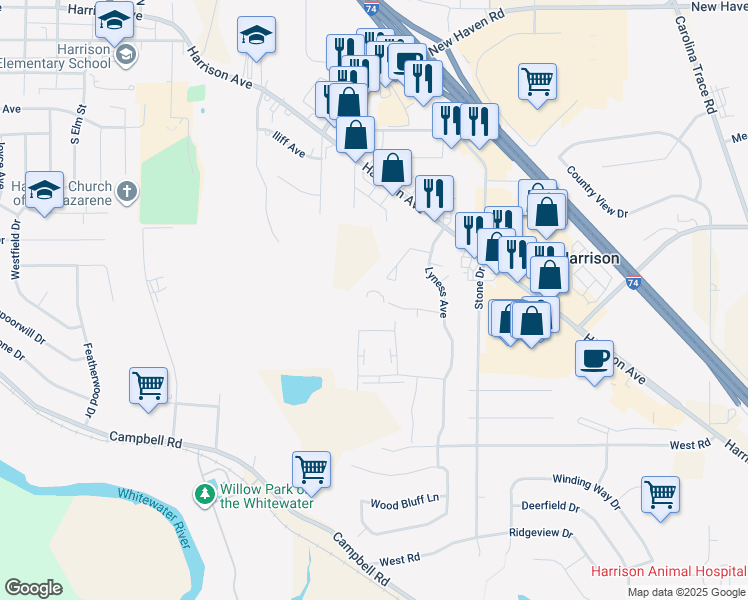 map of restaurants, bars, coffee shops, grocery stores, and more near 214 Lyness Avenue in Harrison