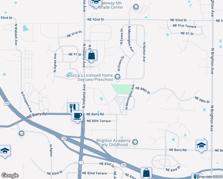 map of restaurants, bars, coffee shops, grocery stores, and more near 8702 North Cleveland Avenue in Kansas City