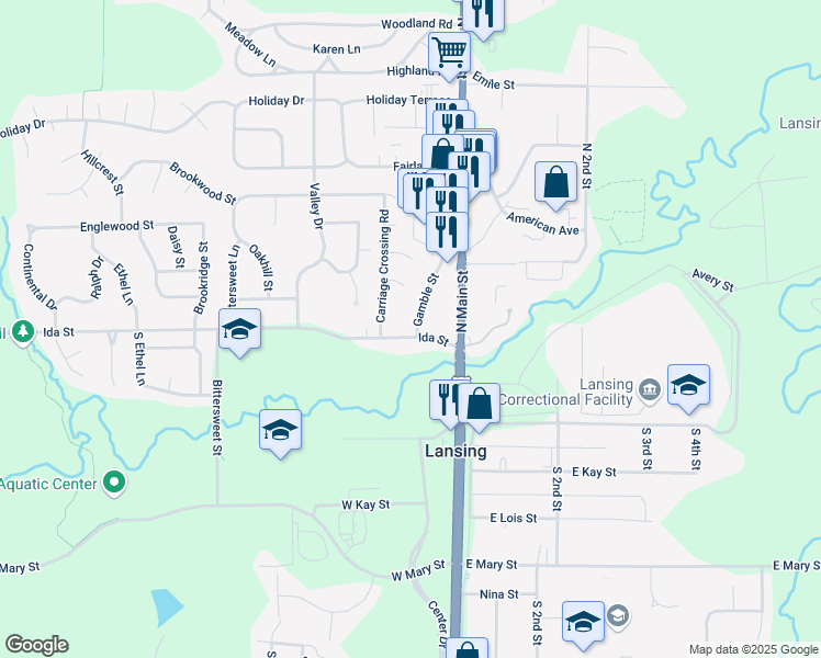 map of restaurants, bars, coffee shops, grocery stores, and more near 114 Ida Street in Lansing