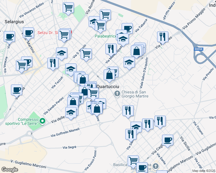 map of restaurants, bars, coffee shops, grocery stores, and more near in Quartucciu