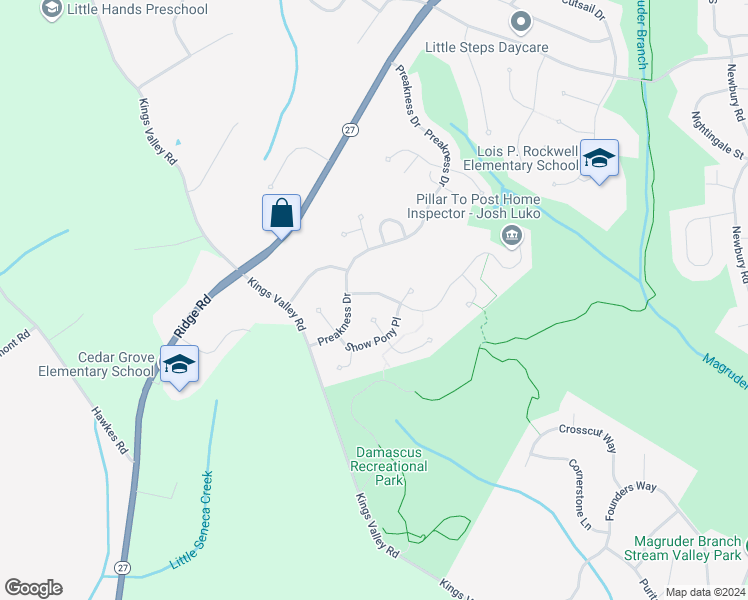 map of restaurants, bars, coffee shops, grocery stores, and more near 10808 Santa Anita Terrace in Damascus
