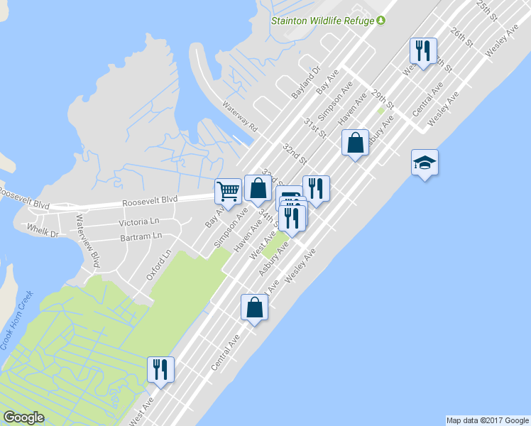 map of restaurants, bars, coffee shops, grocery stores, and more near 3330 Haven Avenue in Ocean City