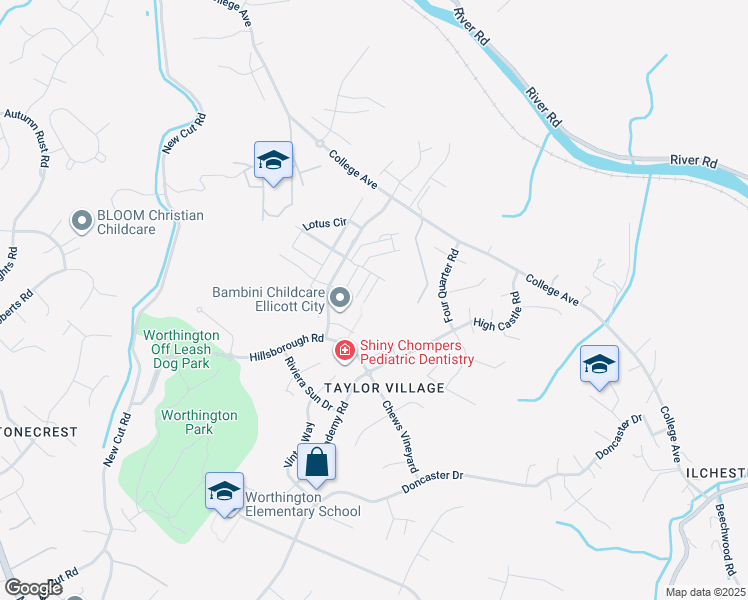 map of restaurants, bars, coffee shops, grocery stores, and more near 8145 Cyprus Cedar Lane in Ellicott City