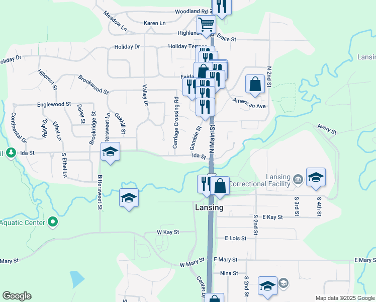 map of restaurants, bars, coffee shops, grocery stores, and more near 114 Ida Street in Lansing
