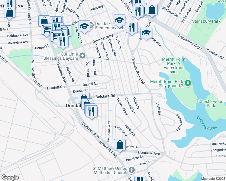 map of restaurants, bars, coffee shops, grocery stores, and more near 3124 Liberty Parkway in Dundalk