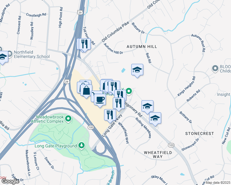 map of restaurants, bars, coffee shops, grocery stores, and more near 4510 Bathgate Court in Ellicott City