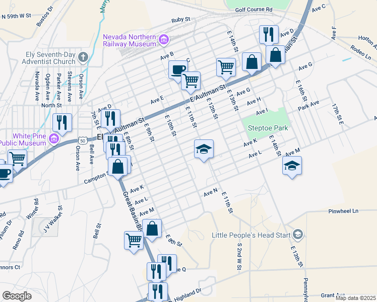 map of restaurants, bars, coffee shops, grocery stores, and more near 1013 Park Avenue in Ely