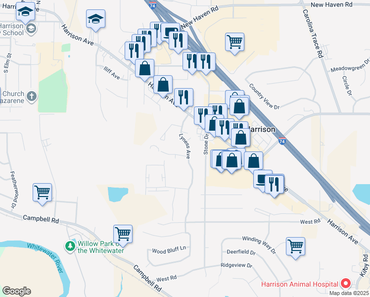 map of restaurants, bars, coffee shops, grocery stores, and more near 204 Lyness Avenue in Harrison