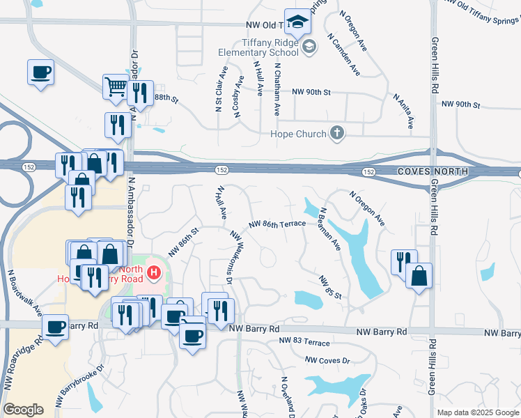 map of restaurants, bars, coffee shops, grocery stores, and more near 5320 Northwest 86th Terrace in Kansas City