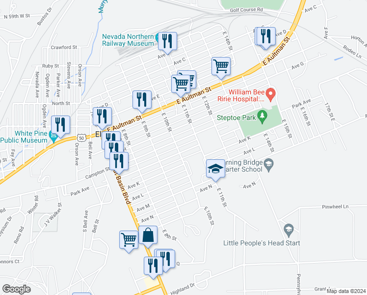 map of restaurants, bars, coffee shops, grocery stores, and more near 1013 Park Avenue in Ely