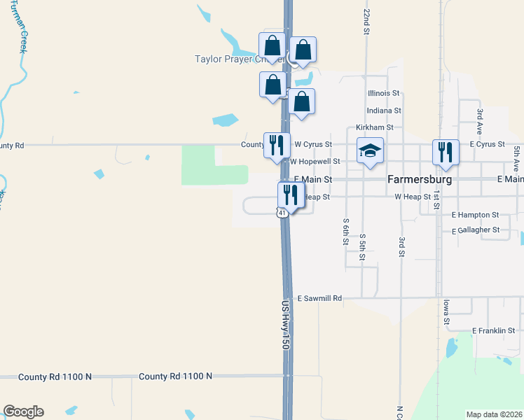 map of restaurants, bars, coffee shops, grocery stores, and more near 11453 North Westwood Drive in Farmersburg