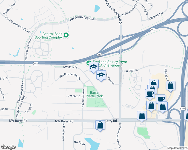 map of restaurants, bars, coffee shops, grocery stores, and more near 2001 Northwest 87th Terrace in Kansas City