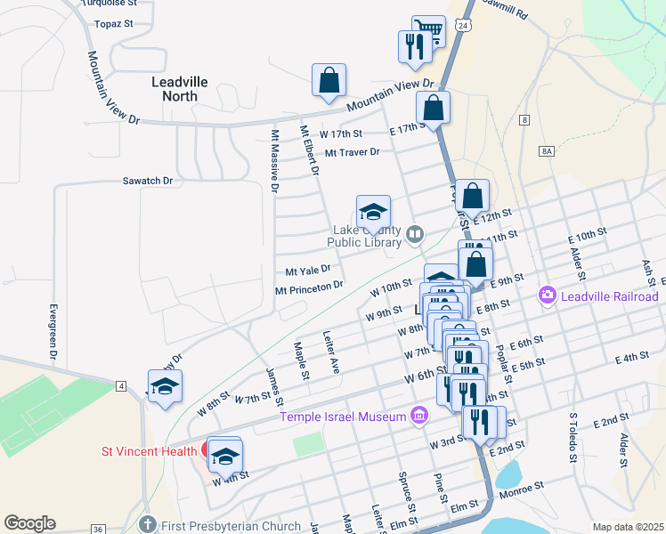 map of restaurants, bars, coffee shops, grocery stores, and more near 324 Mount Yale Drive in Leadville