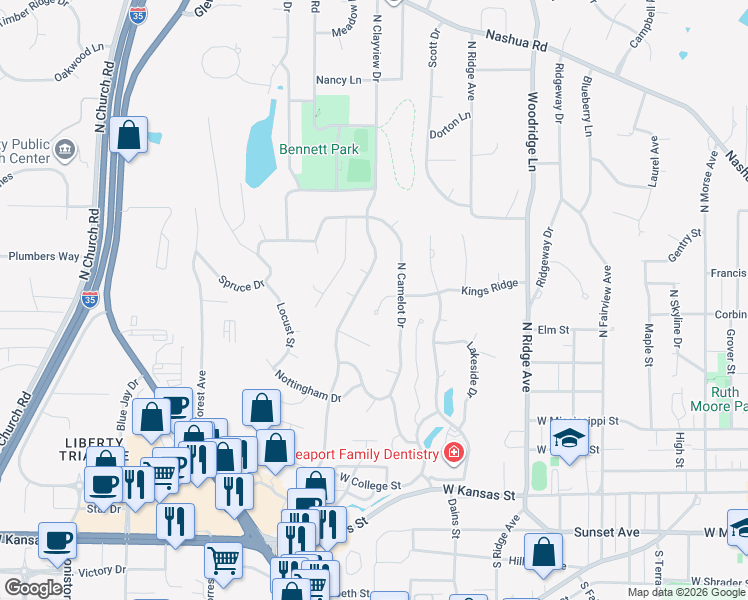 map of restaurants, bars, coffee shops, grocery stores, and more near 432 Kings Ridge in Liberty