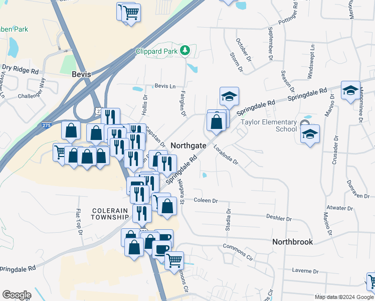 map of restaurants, bars, coffee shops, grocery stores, and more near 3464 Springdale Road in Cincinnati