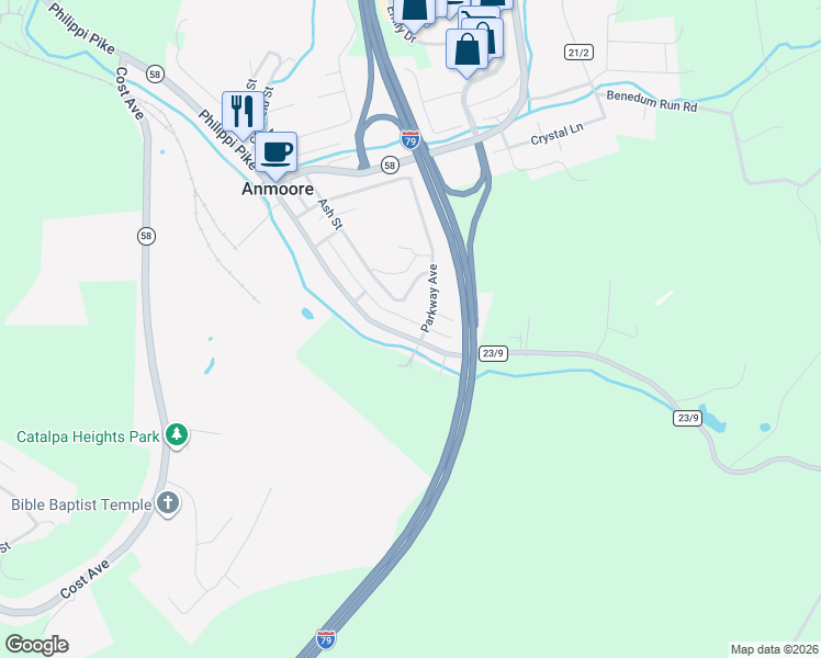 map of restaurants, bars, coffee shops, grocery stores, and more near 3300 Philippi Pike in Clarksburg