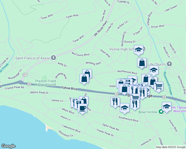 map of restaurants, bars, coffee shops, grocery stores, and more near in Incline Village
