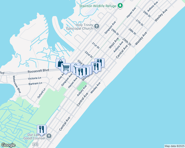 map of restaurants, bars, coffee shops, grocery stores, and more near 3319 Asbury Avenue in Ocean City