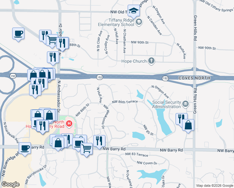 map of restaurants, bars, coffee shops, grocery stores, and more near 5320 Northwest 86th Terrace in Kansas City