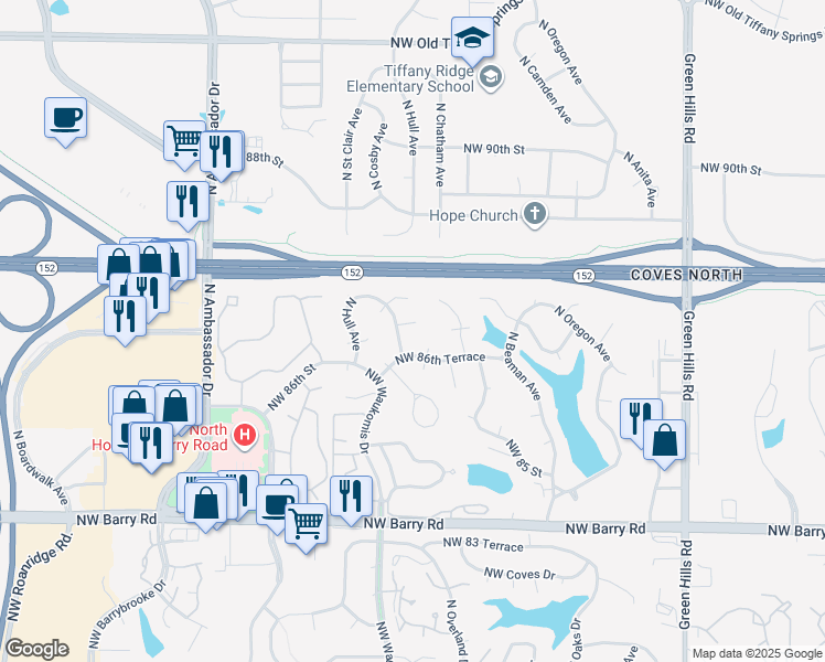 map of restaurants, bars, coffee shops, grocery stores, and more near 5320 Northwest 86th Terrace in Kansas City