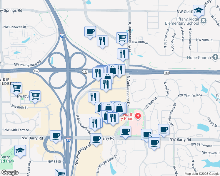 map of restaurants, bars, coffee shops, grocery stores, and more near 8622 North Boardwalk Avenue in Kansas City