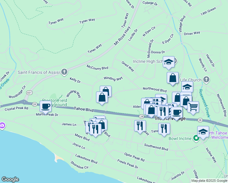 map of restaurants, bars, coffee shops, grocery stores, and more near in Incline Village