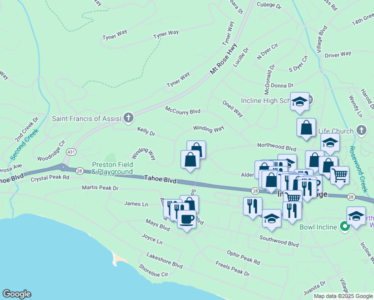 map of restaurants, bars, coffee shops, grocery stores, and more near 347 Cottonwood Court in Incline Village