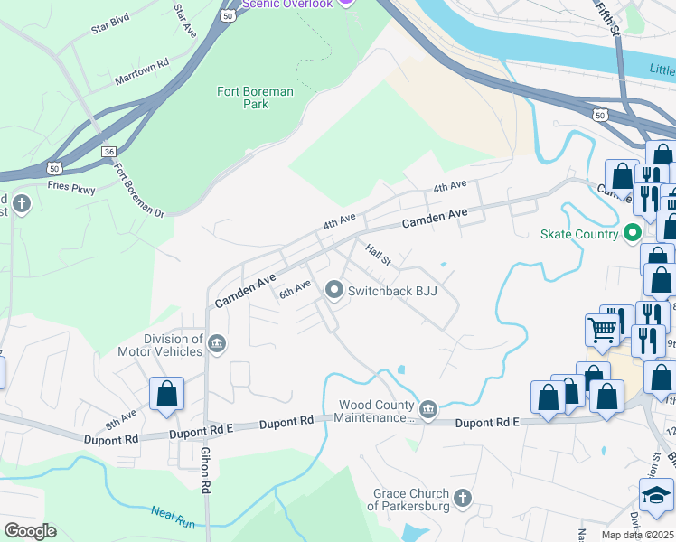 map of restaurants, bars, coffee shops, grocery stores, and more near 716 7th Avenue in Parkersburg