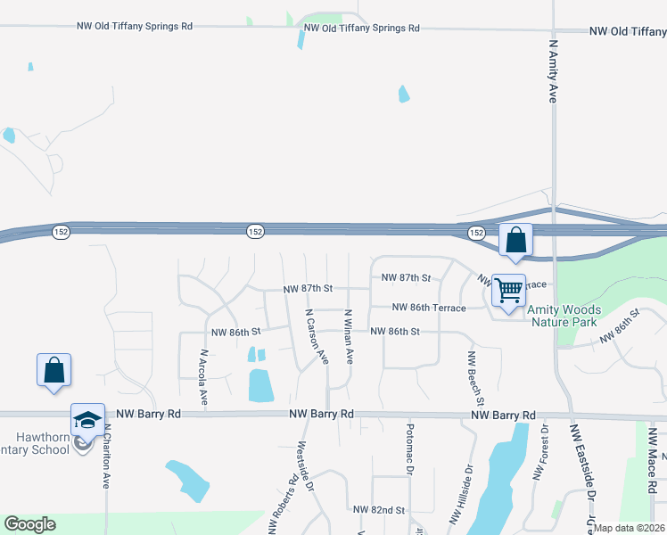 map of restaurants, bars, coffee shops, grocery stores, and more near 10006 Northwest 87th Street in Kansas City