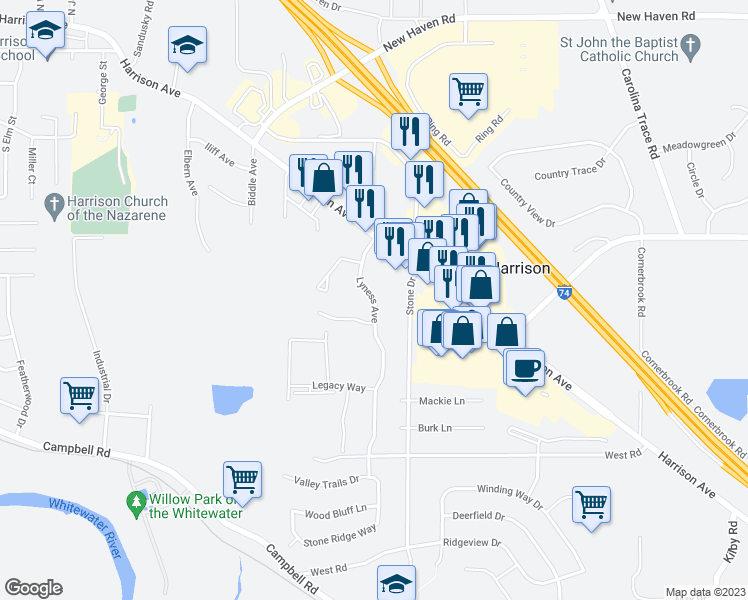 map of restaurants, bars, coffee shops, grocery stores, and more near 204 Lyness Avenue in Harrison