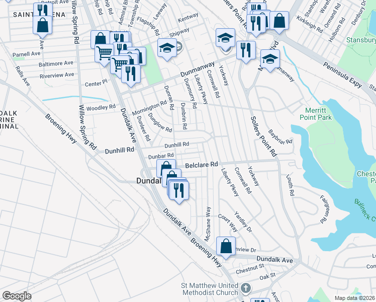 map of restaurants, bars, coffee shops, grocery stores, and more near 3253-3299 Dunran Road in Dundalk