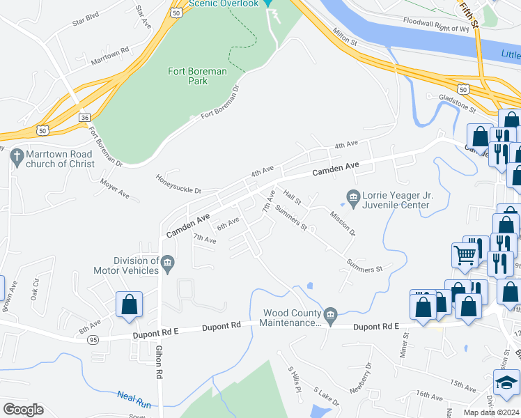 map of restaurants, bars, coffee shops, grocery stores, and more near 803 7th Avenue in Parkersburg