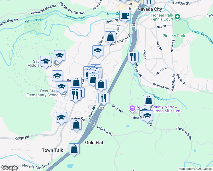 map of restaurants, bars, coffee shops, grocery stores, and more near 545 Searls Avenue in Nevada City