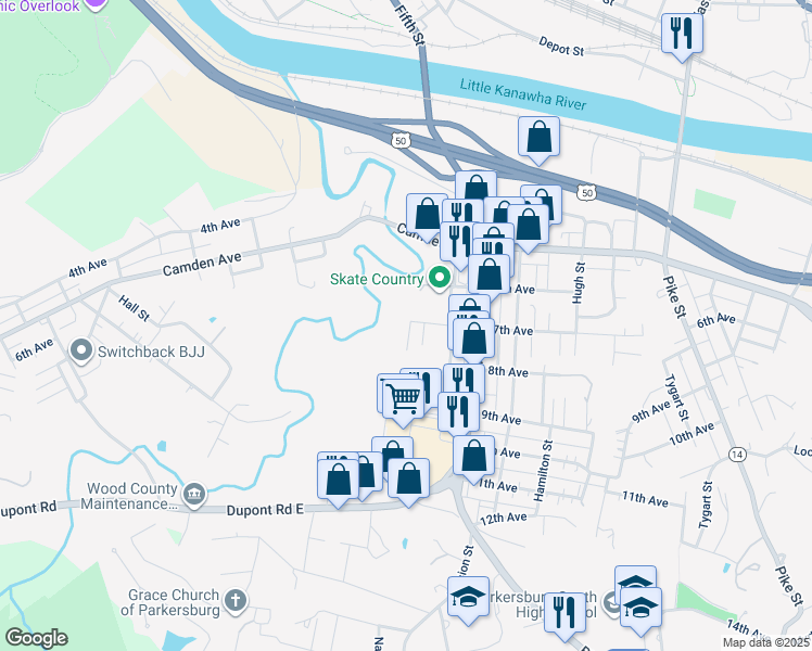 map of restaurants, bars, coffee shops, grocery stores, and more near 700 Knopp Street in Parkersburg