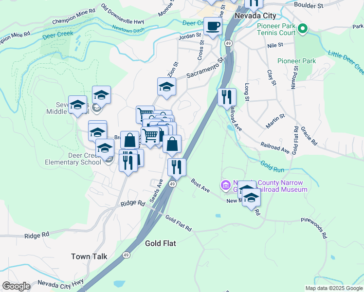 map of restaurants, bars, coffee shops, grocery stores, and more near 545 Searls Avenue in Nevada City
