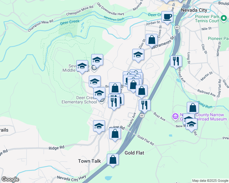 map of restaurants, bars, coffee shops, grocery stores, and more near 756 Zion Street in Nevada City