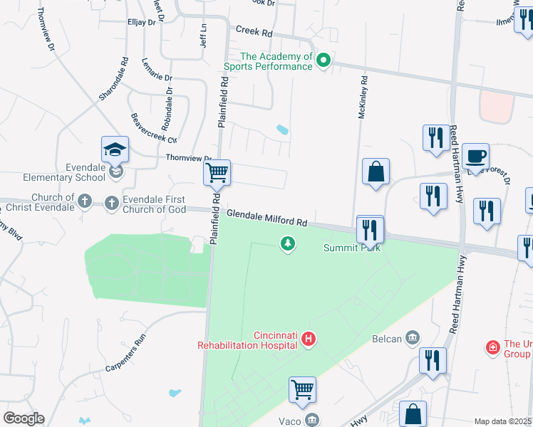 map of restaurants, bars, coffee shops, grocery stores, and more near 4218 Glendale Milford Road in Cincinnati