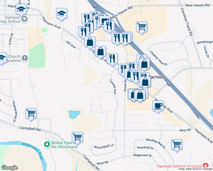 map of restaurants, bars, coffee shops, grocery stores, and more near 226 Lyness Avenue in Harrison