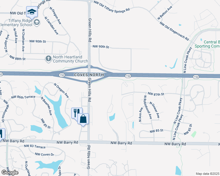 map of restaurants, bars, coffee shops, grocery stores, and more near 8575 North Granby Avenue in Kansas City