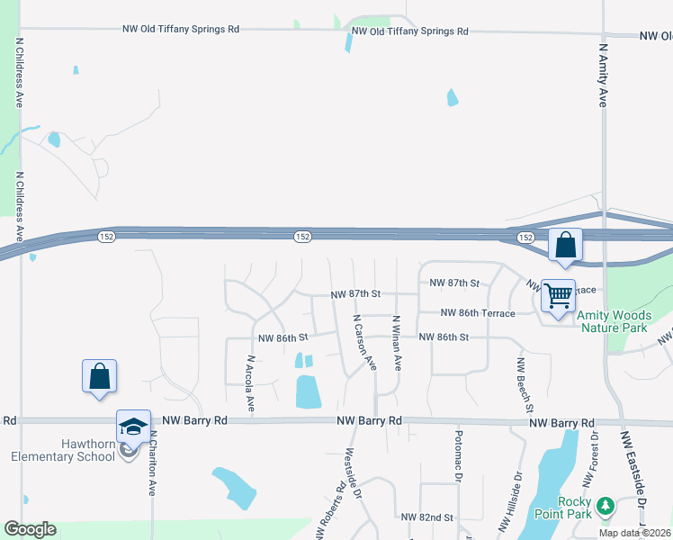 map of restaurants, bars, coffee shops, grocery stores, and more near 10202 Northwest 87th Street in Kansas City