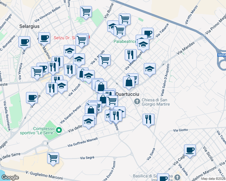 map of restaurants, bars, coffee shops, grocery stores, and more near 30 Via Somalia in Quartucciu