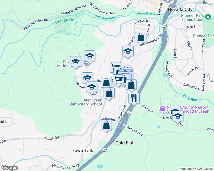 map of restaurants, bars, coffee shops, grocery stores, and more near 744 Zion Street in Nevada City