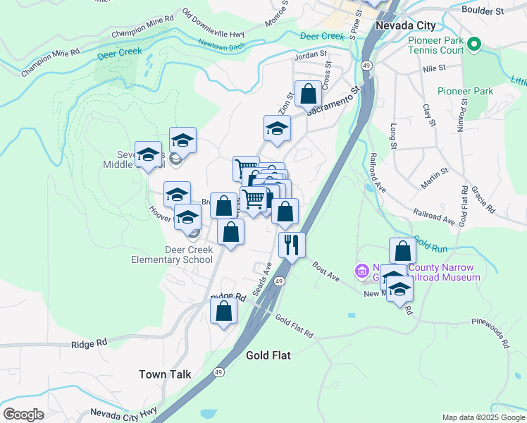 map of restaurants, bars, coffee shops, grocery stores, and more near 544 Searls Avenue in Nevada City