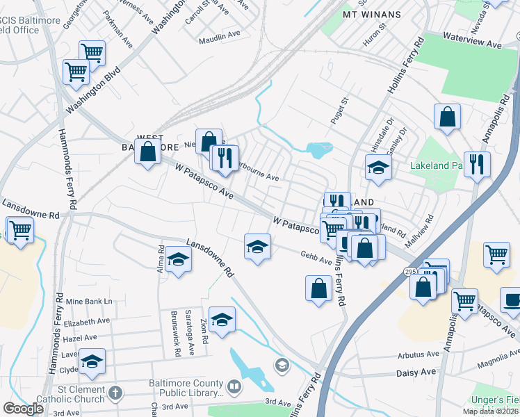 map of restaurants, bars, coffee shops, grocery stores, and more near 0 Baltimore Avenue in Dundalk
