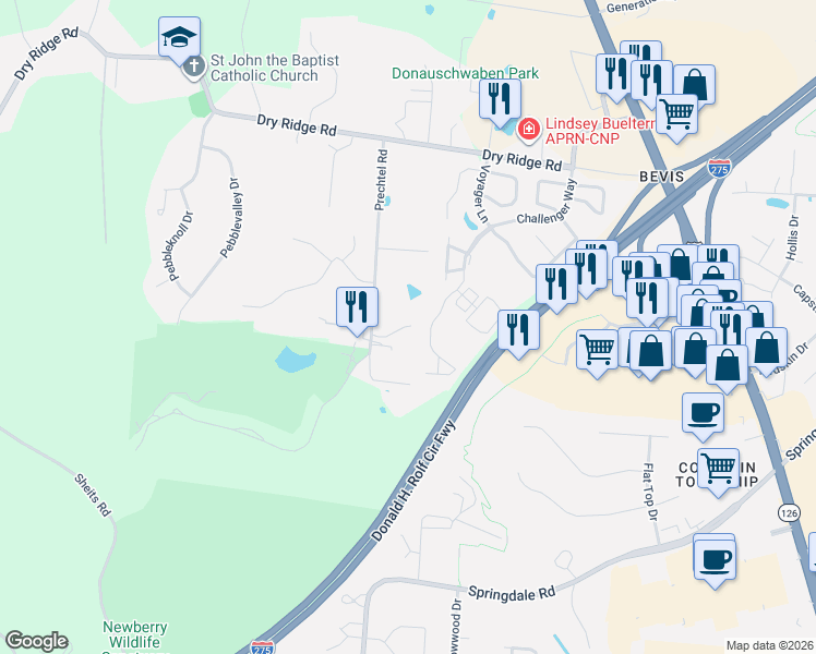 map of restaurants, bars, coffee shops, grocery stores, and more near 9920 Prechtel Road in Cincinnati