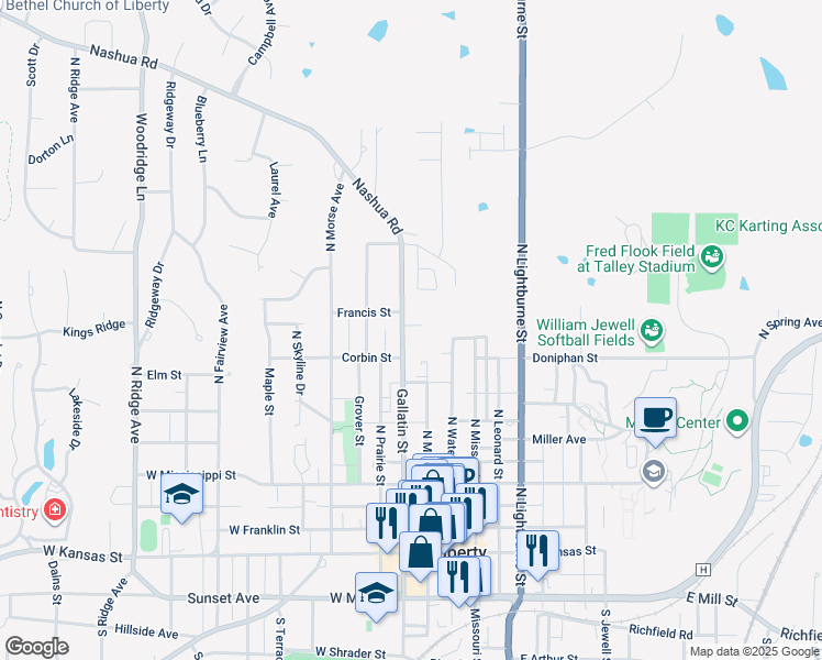 map of restaurants, bars, coffee shops, grocery stores, and more near 525 Gallatin Street in Liberty