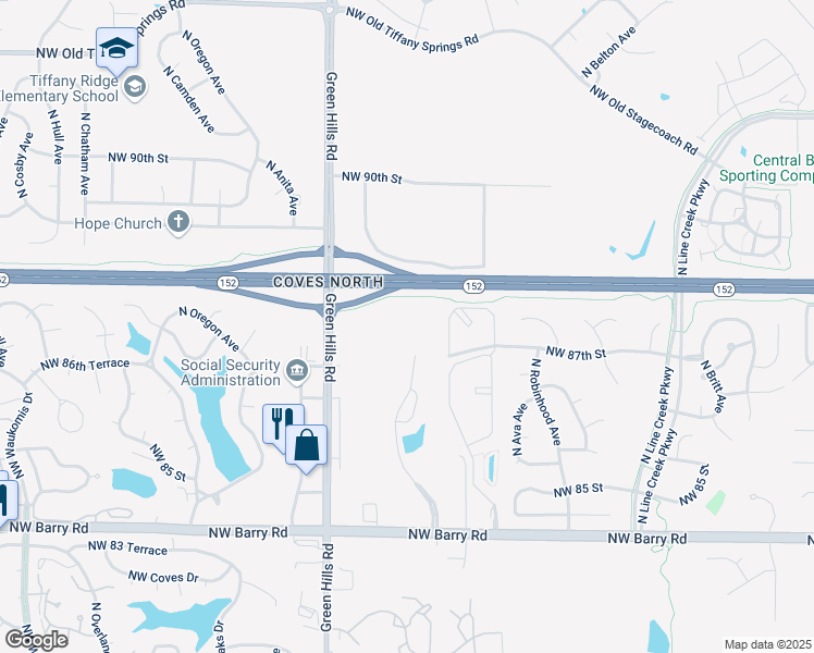 map of restaurants, bars, coffee shops, grocery stores, and more near 8575 North Granby Avenue in Kansas City