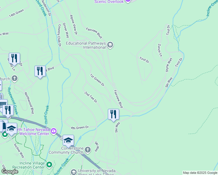 map of restaurants, bars, coffee shops, grocery stores, and more near 387 Fairview Boulevard in Incline Village