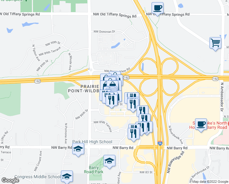 map of restaurants, bars, coffee shops, grocery stores, and more near 7354 Northwest 87th Terrace in Kansas City